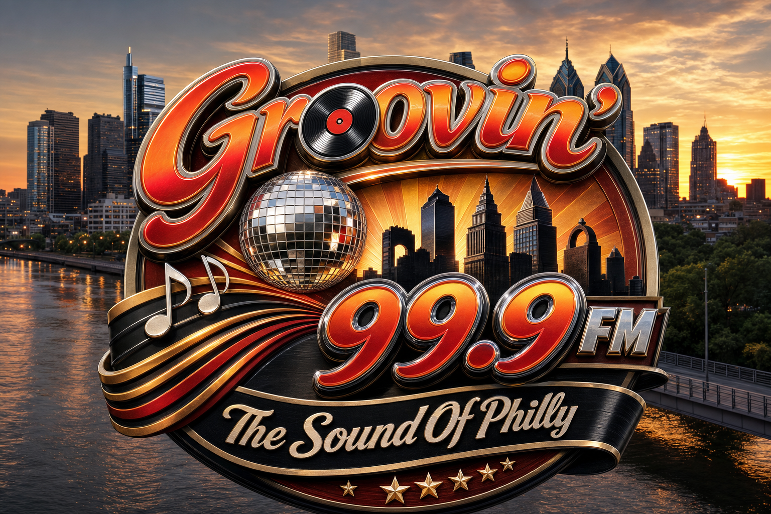 Groove 99.9 FM, The Sound of Philly, with a disco ball and musical notes