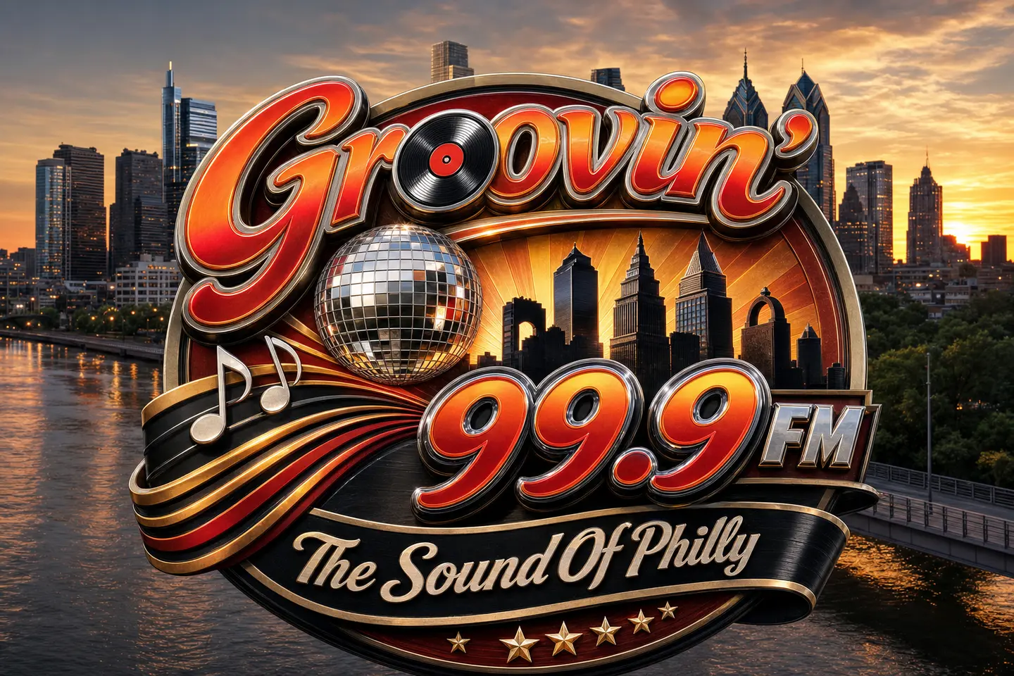 Groovin’ 99.9 FM, The Sound of Philly, over the Philadelphia skyline with a disco ball, vinyl record, and musical notes