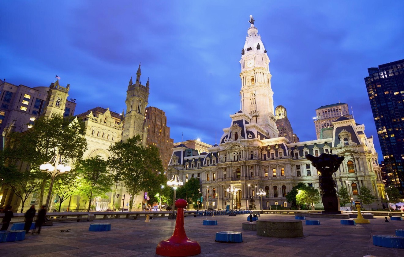 Philadelphia City Hall and Dilworth Park illuminated at night