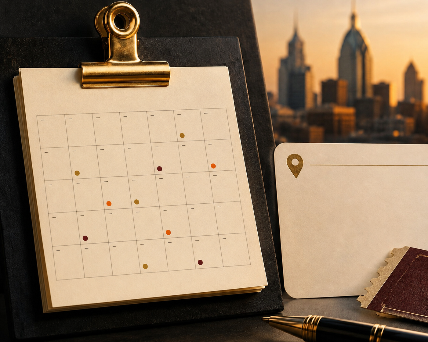 Calendar with event markers held by a gold clip in front of the Philadelphia skyline
