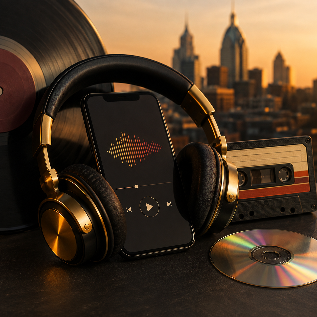 Black-and-gold headphones, a smartphone music player, vinyl record, cassette tape, and CD in front of the Philadelphia skyline