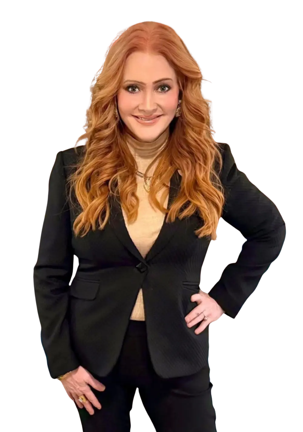 Donna, The Queen Connector, wearing a black business suit